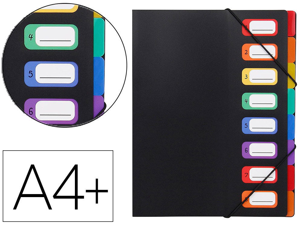TRIEUR VIQUEL  SOUFFLETS POLYPROPYLNE 5/10E 8 COMPARTIMENTS FERMETURE LASTIQUE PORTE TIQUETTE NOIR