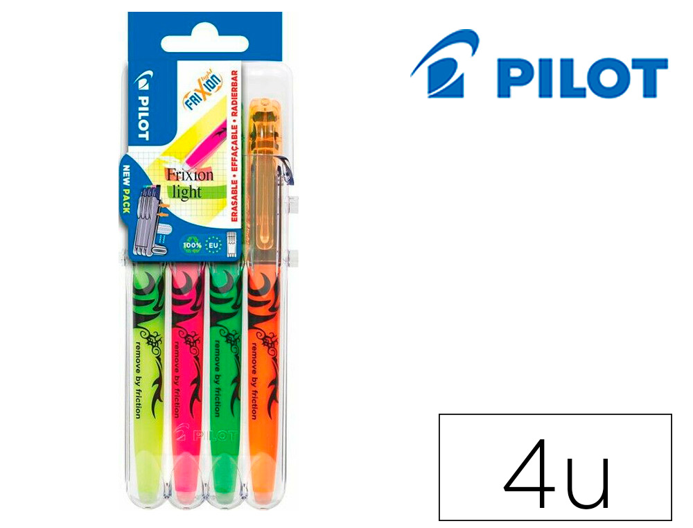 ROLLER PILOT FRIXION LIGHT POINTE BISEAUTEE COLORIS      JAUNE ROSE VERT ORANGE -      EVOLUTIVE SET DE 4 UN