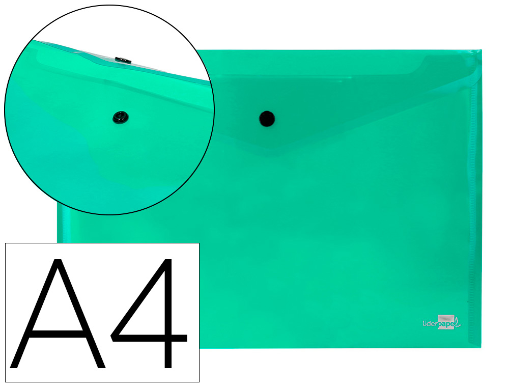 POCHETTE ENVELOPPE LIDERPAPEL POLYPROPYLNE 180 MICRONS A4 297X210MM 50F FERMETURE BOUTON RSISTANT TRANSPARENT VERT