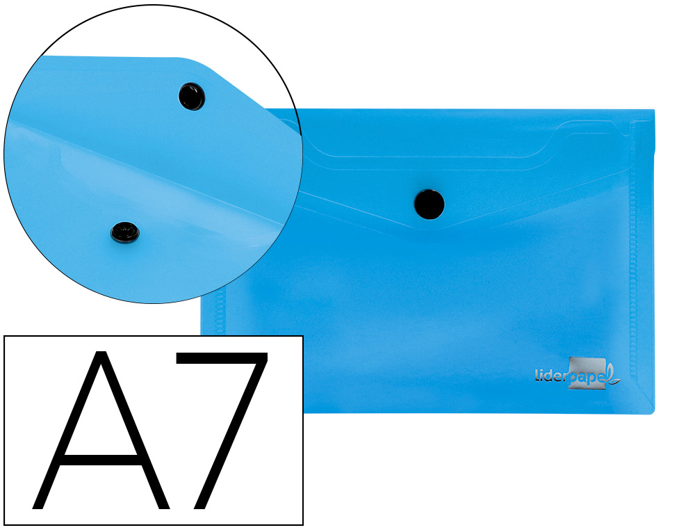 POCHETTE ENVELOPPE LIDERPAPEL POLYPROPYLNE 180 MICRONS A7 105X74MM 50F FERMETURE BOUTON RSISTANT TRANSPARENT BLEU
