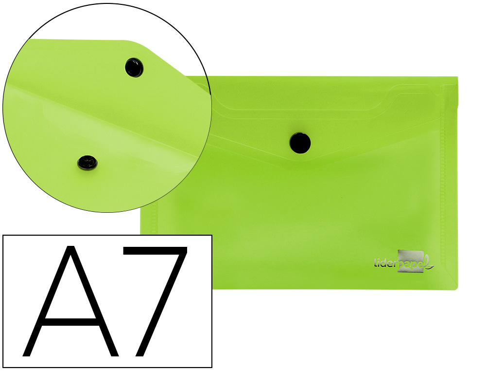 POCHETTE ENVELOPPE LIDERPAPEL POLYPROPYLNE 180 MICRONS A7 105X74MM 50F FERMETURE BOUTON RSISTANT TRANSPARENT VERT