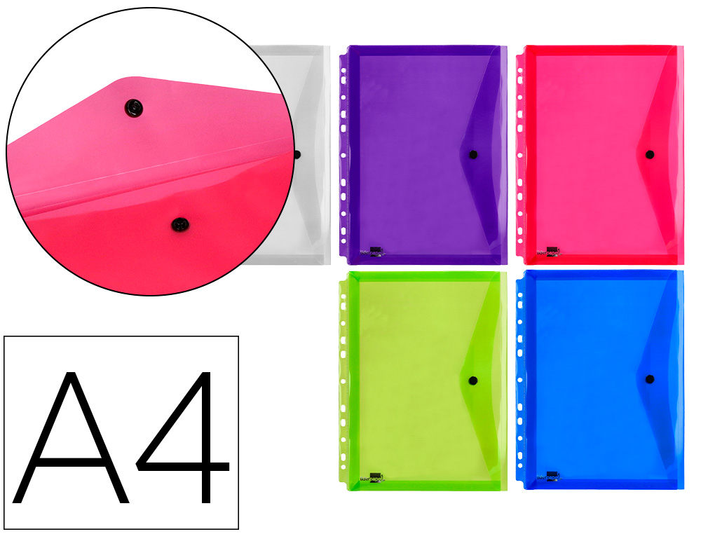 POCHETTE ENVELOPPE LIDERPAPEL POLYPROPYLNE 180 MICRONS A4 210X297MM 50F RSISTANT PERFORE COLORIS ASSORTIS PACK 5U