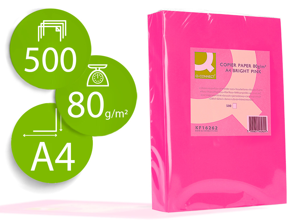PAPIER COULEUR Q-CONNECT MULTIFONCTION A4 80G/M2 UNICOLORE ROSE INTENSE RAMETTE 500 FEUILLES