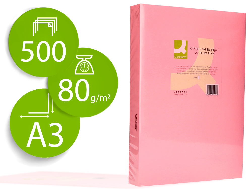 PAPIER COULEUR Q-CONNECT MULTIFONCTION A3 80G/M2 UNICOLORE ROSE NON RAMETTE 500 FEUILLES