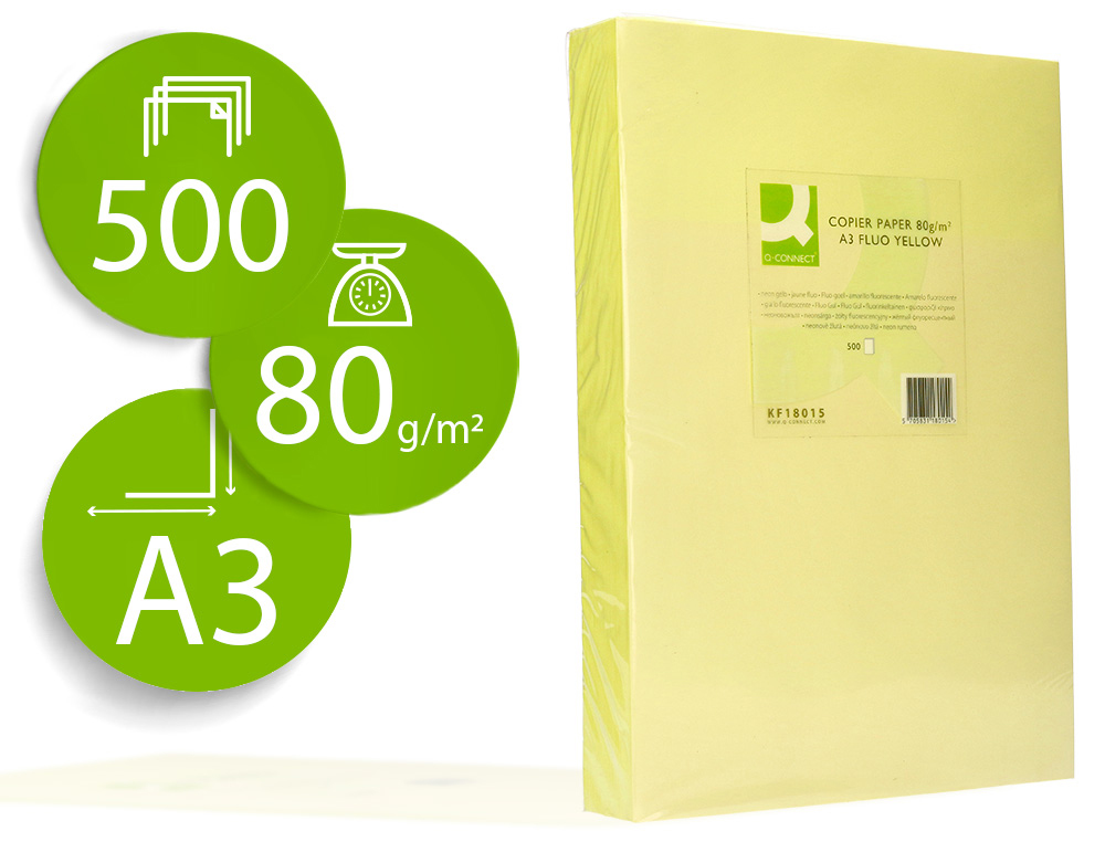 PAPIER COULEUR Q-CONNECT MULTIFONCTION A3 80G/M2 UNICOLORE JAUNE NON RAMETTE 500 FEUILLES