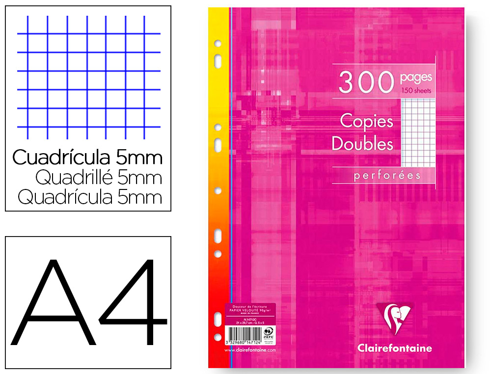 COPIE DOUBLE CLAIREFONTAINE A4 21X29,7CM PAPIER VELIN VELOUTE 300 PAGES 90G 5X5MM PERFOREES SOUS FILM COLORIS BLANC