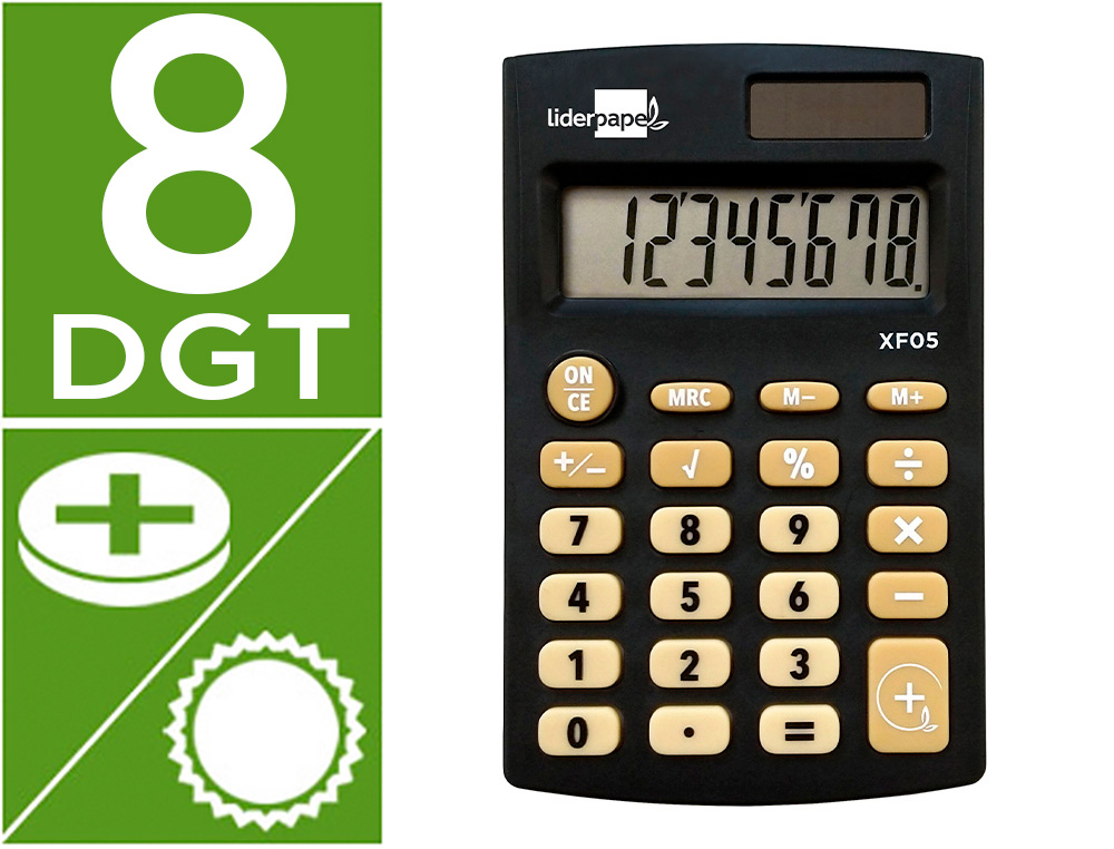 CALCULATRICE DE POCHE XF05 8 CHIFFRES SOLAIRE ET PILES     98X62X8 MM COLORIS NOIR