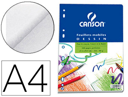 FEUILLET MOBILE DESSIN CANSON A4 210X297MM PAPIER BLANC GRAIN LGER 100 PAGES PERFORES 90G COLORIS BLANC