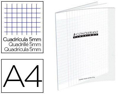 CAHIER PIQU CONQURANT CLASSIQUE COUVERTURE POLYPROPYLNE RIGIDE TRANSPARENTE A4 21X29,7CM 96 PAGES 90G 5X5MM INCOLORE