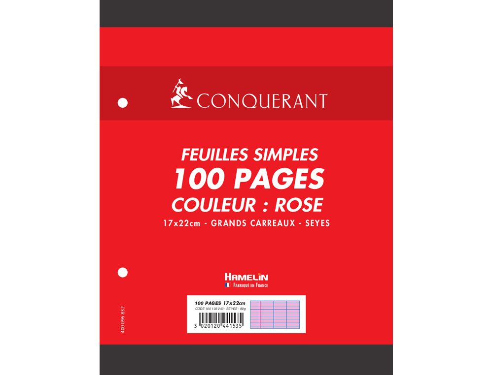 FEUILLE SIMPLE CONQUERANT 7 PERFOREES 170X220MM FILM 80G  SEYES COLORIS ROSE PAQUET 100 UNITES