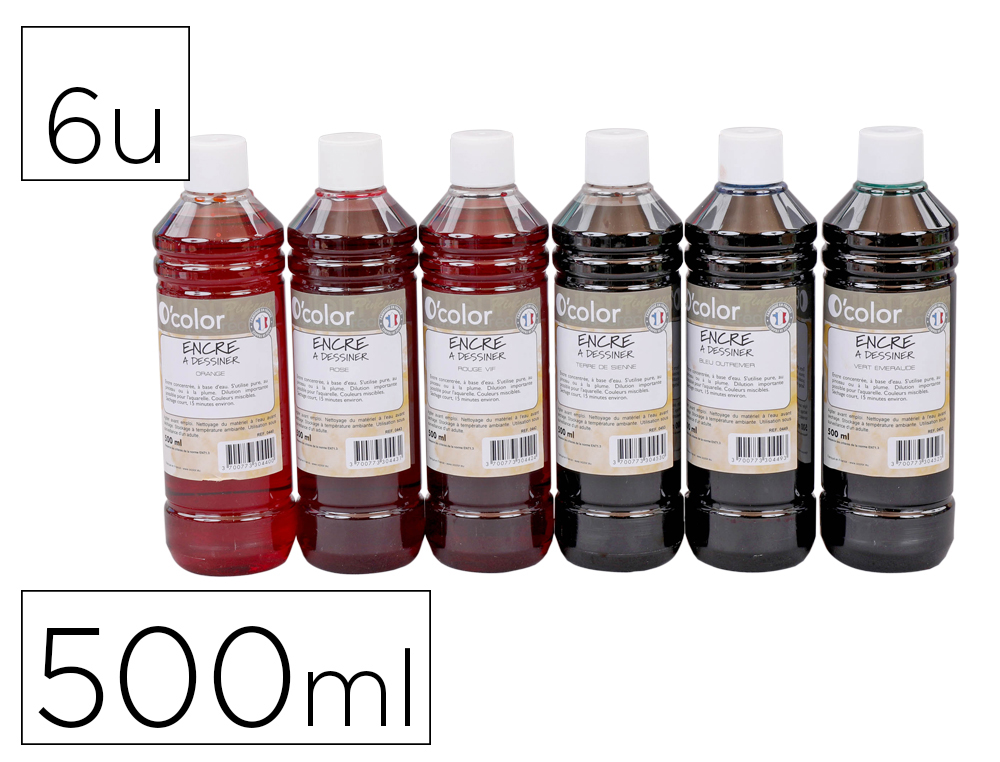ENCRE A DESSINER O'COLOR 500ML COULEURS                COMPLEMENTAIRES ASSORTIES     COFFRET 6 UNITES