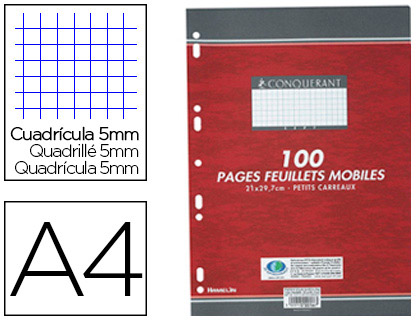 FEUILLET MOBILE CONQURANT SEPT A4 210X297MM 100 PAGES 90G 5X5MM PERFOR COLORIS BLANC