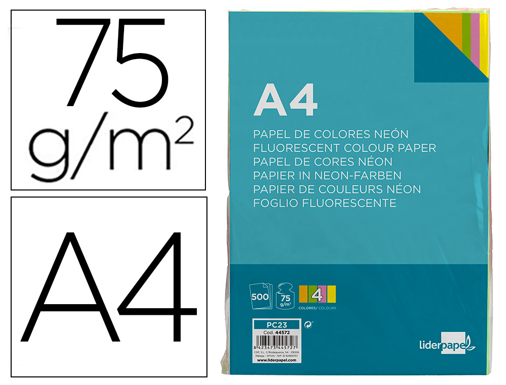 PAPIER COULEUR NON LIDERPAPEL MULTIFONCTION A4 75G 4 COLORIS ASSORTIS NONS JAUNE ORANGE ROSE VERT 500F